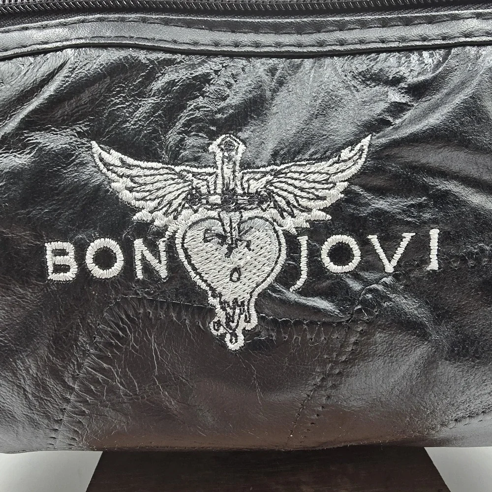 Bon Jovi Black Leather Duffel Bag‎ Carry-On Travel Overnight Heart & Dagger Logo